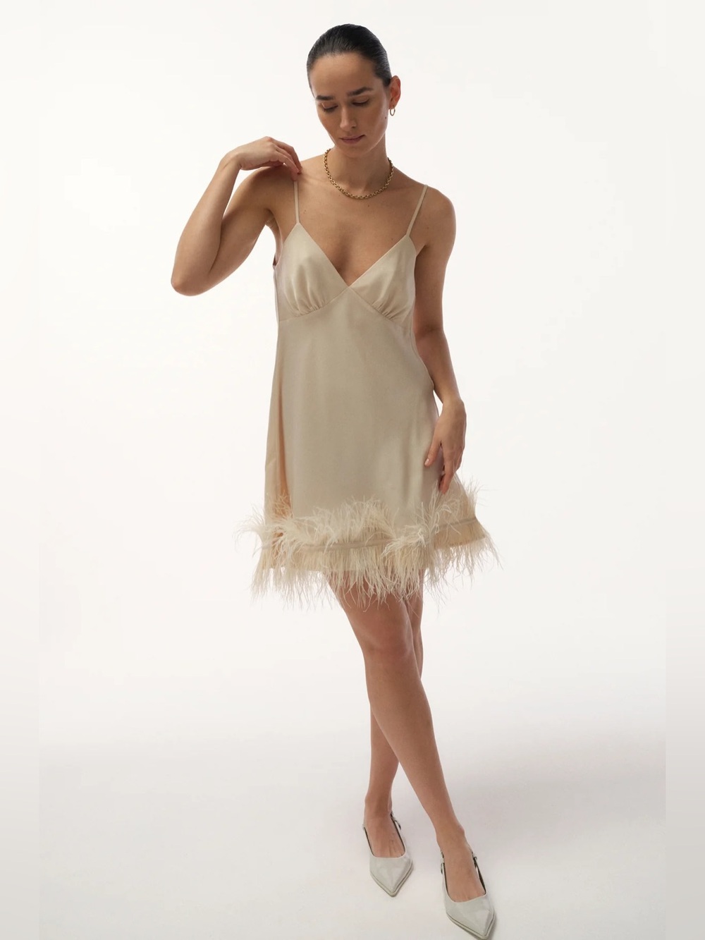 Love Stories Honey Marabou Feather Trim Slip Dress, Size Small
